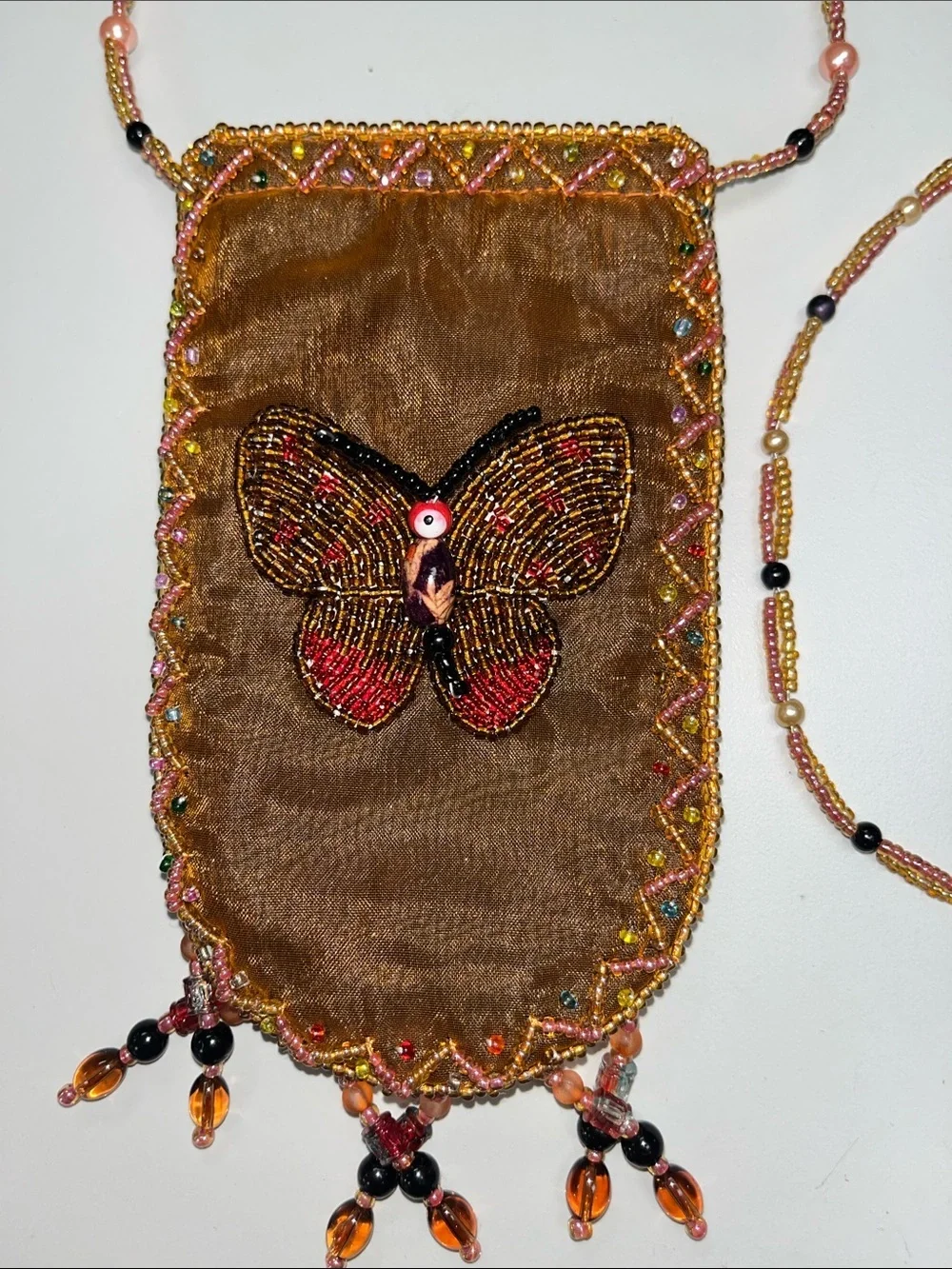 Source Unknown Brown Beaded Fringe Phone Case Charm w/ butterfly